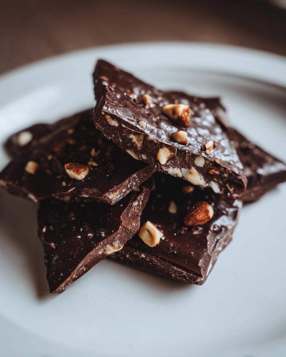 Close-up of dark chocolate bark with nuts on a white plate, showcasing easy chocolate snack ideas