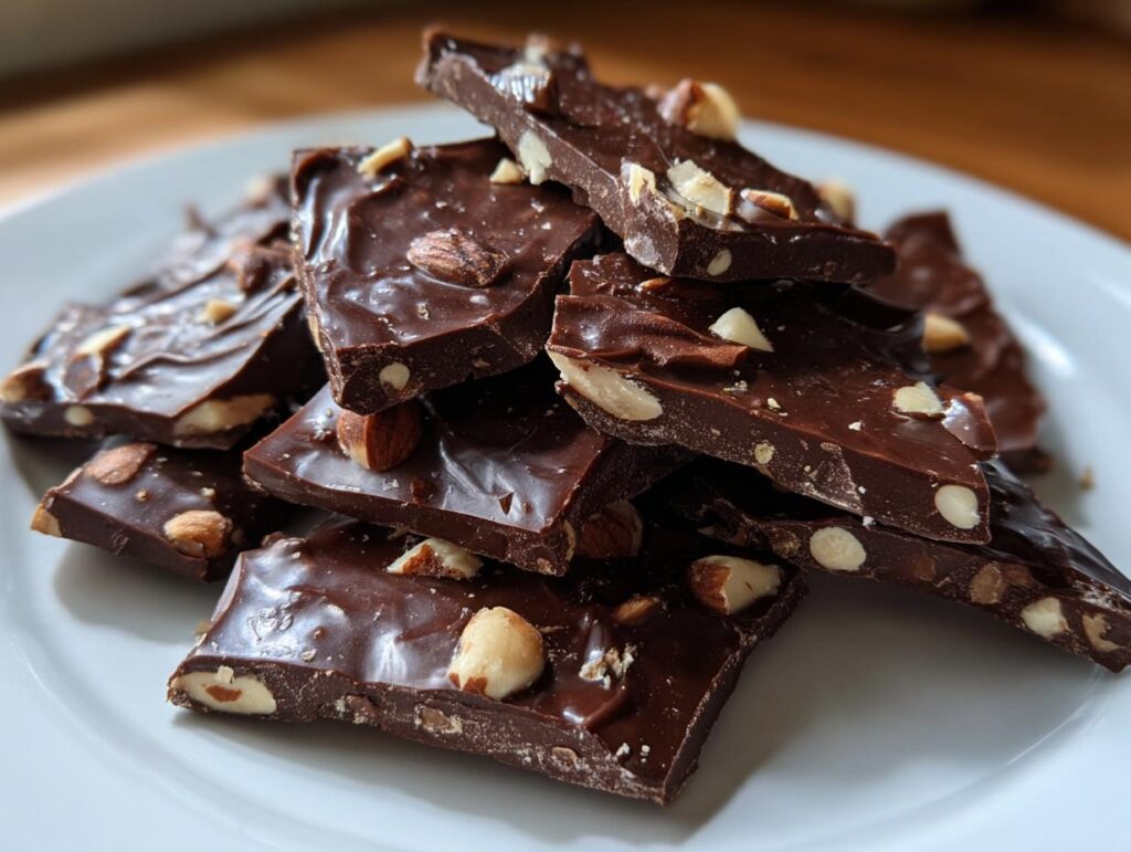 Close-up of nut-studded chocolate bark pieces on a white plate, an easy chocolate snack idea.