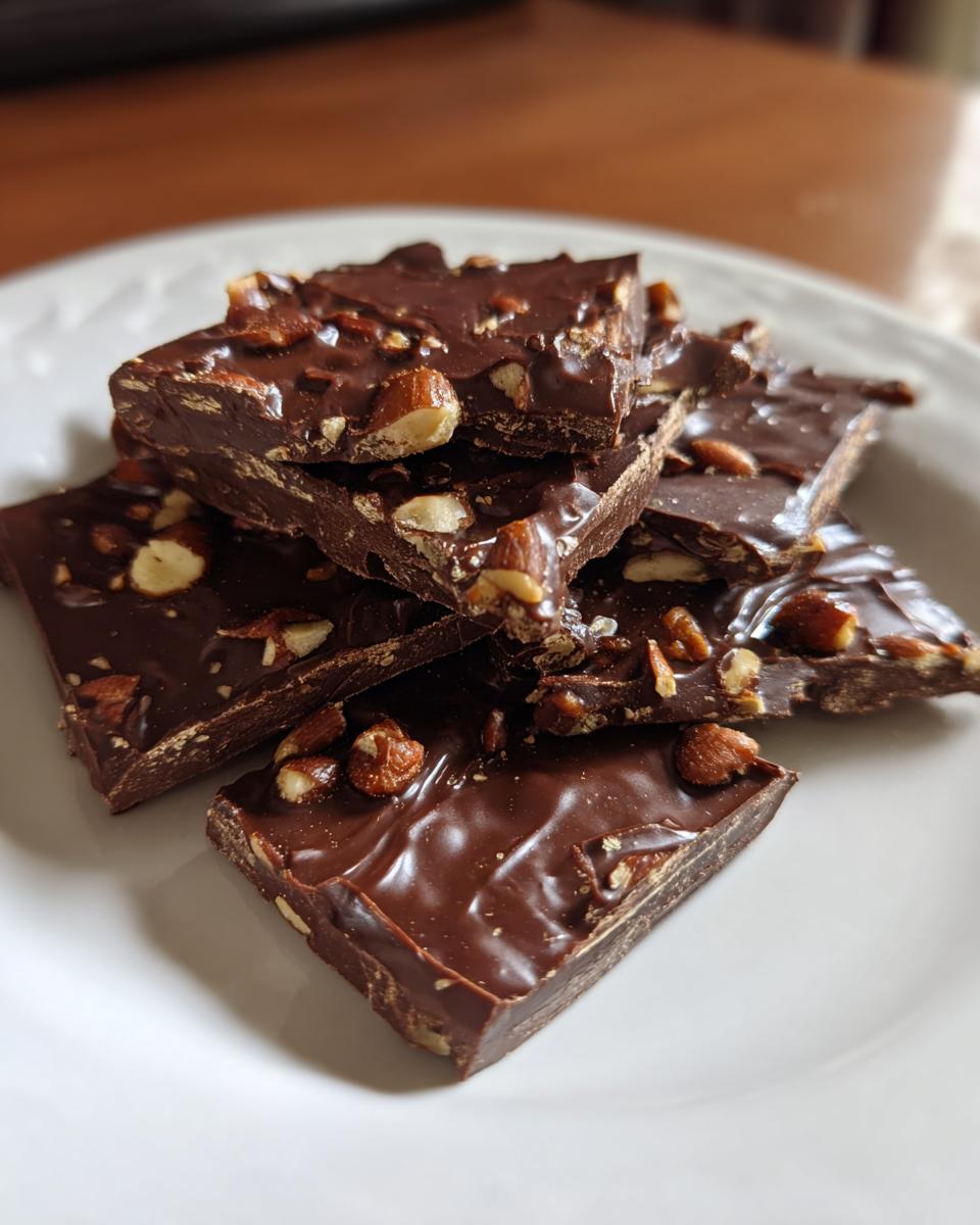 Close-up of nut-studded chocolate bark pieces on a white plate, an easy chocolate snack idea.