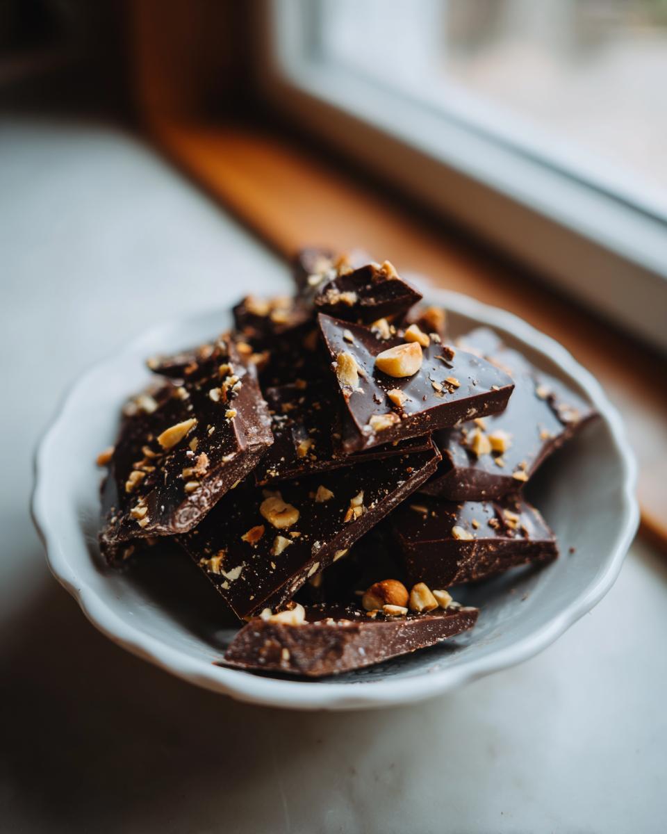 Pieces of dark chocolate bark topped with chopped nuts in a white bowl