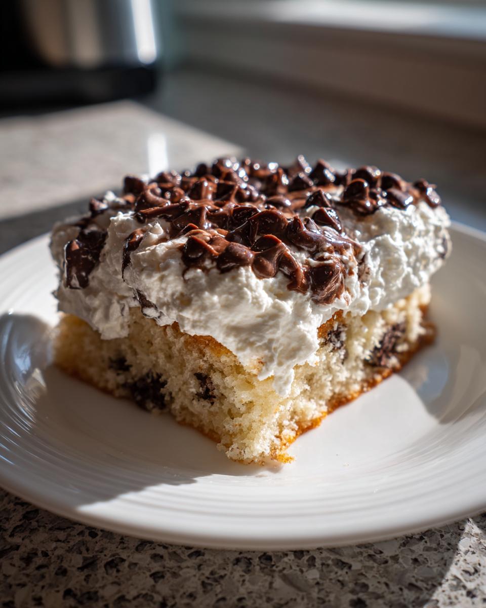 Slice of chocolate chip cake topped with whipped cream and chocolate drizzle on a white plate