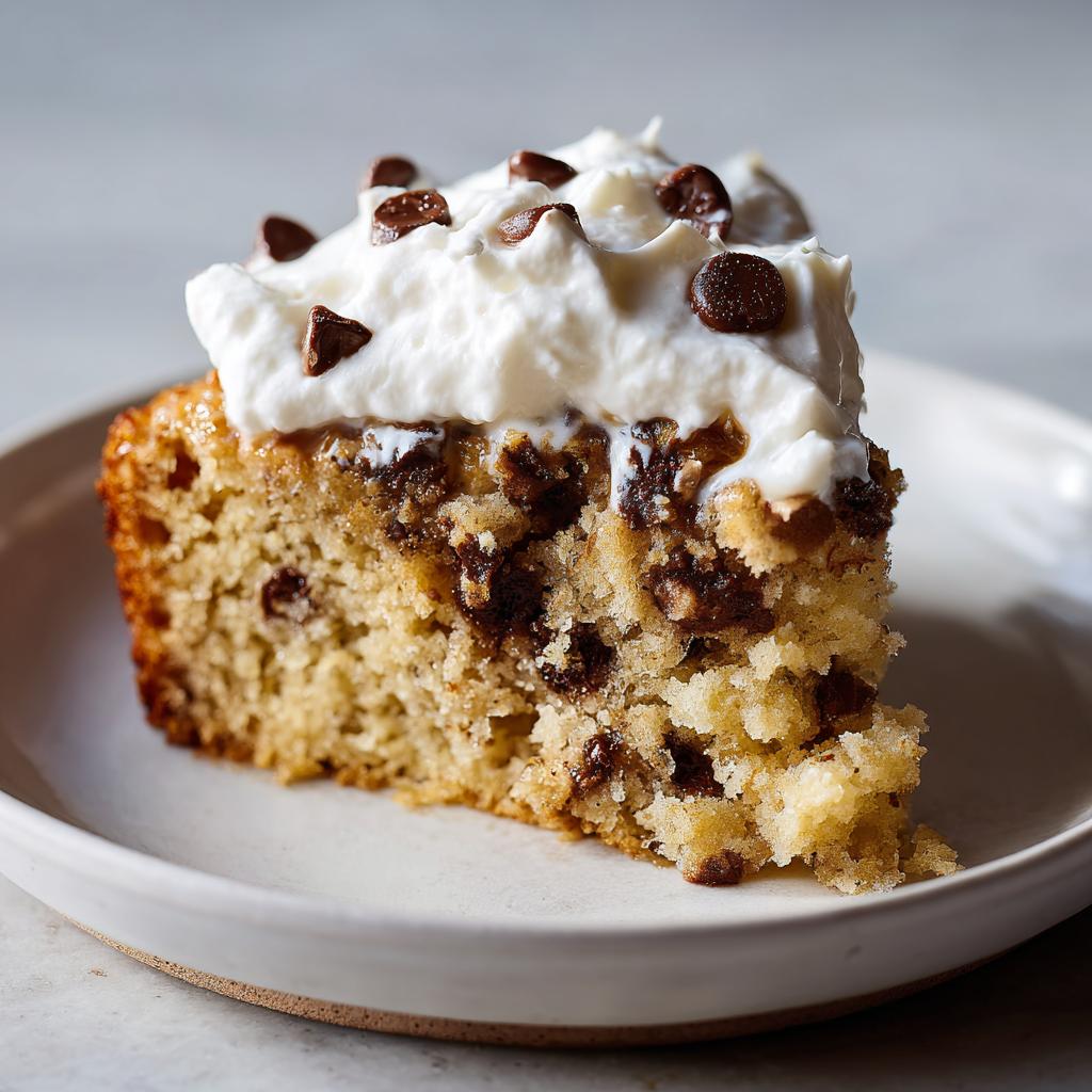 Close-up of a slice of chocolate chip cake topped with whipped cream and chocolate chips on a white plate.