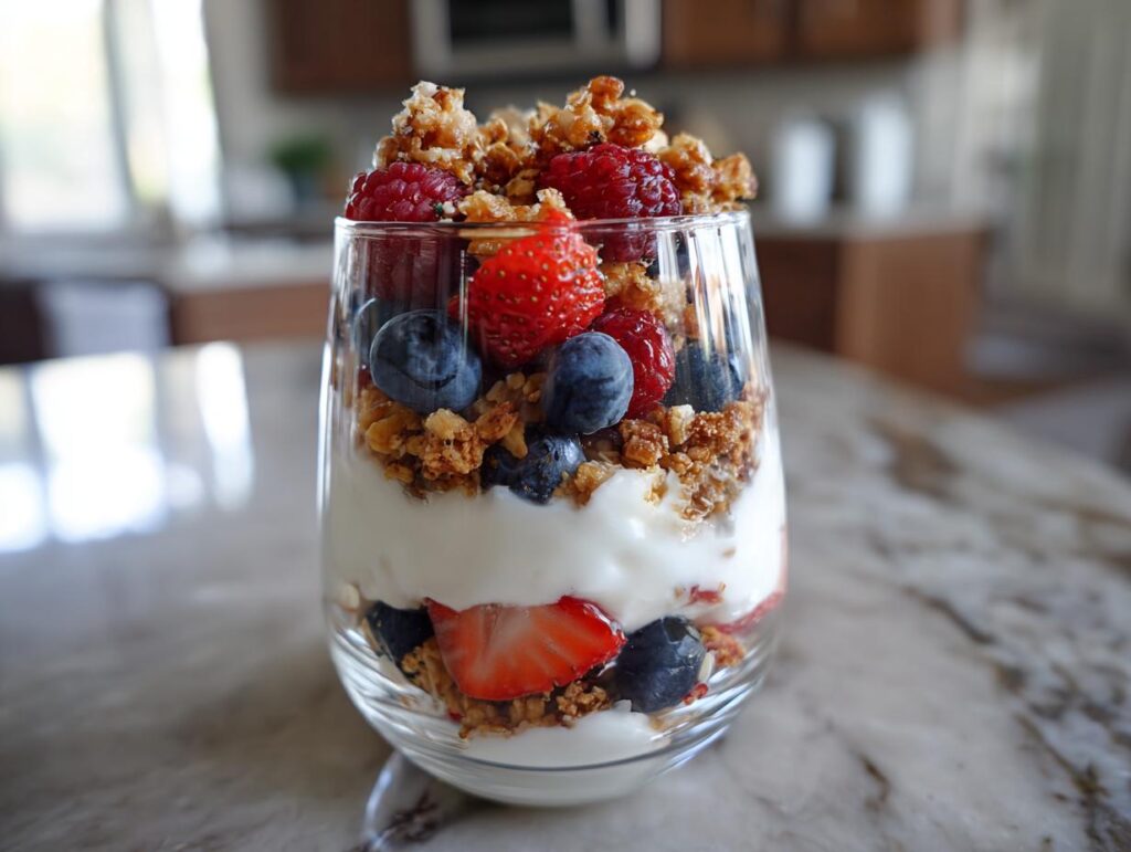Glass of easy fruit desserts yogurt parfait layered with strawberries, blueberries, raspberries, granola, and creamy yogurt.