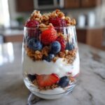 Glass of easy fruit desserts yogurt parfait layered with strawberries, blueberries, raspberries, granola, and creamy yogurt.