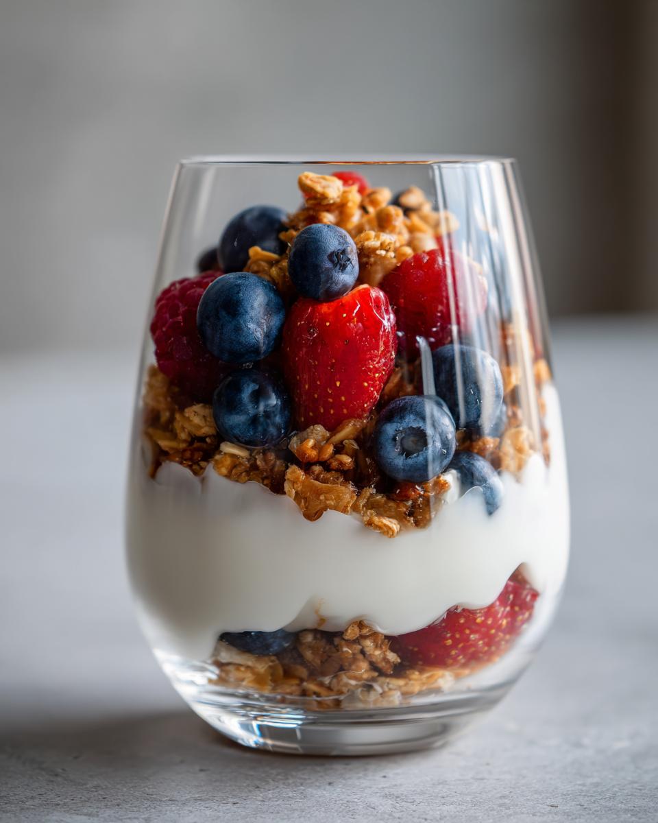 Glass of easy fruit desserts with layers of yogurt, granola, blueberries, strawberries, and raspberries.