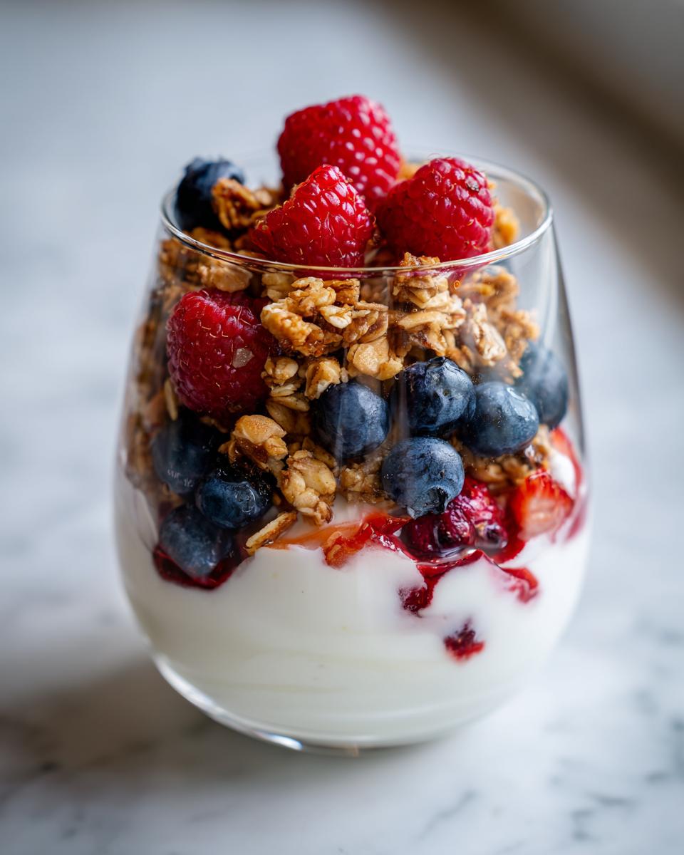 Glass of easy fruit desserts with yogurt, fresh raspberries, blueberries, and granola.
