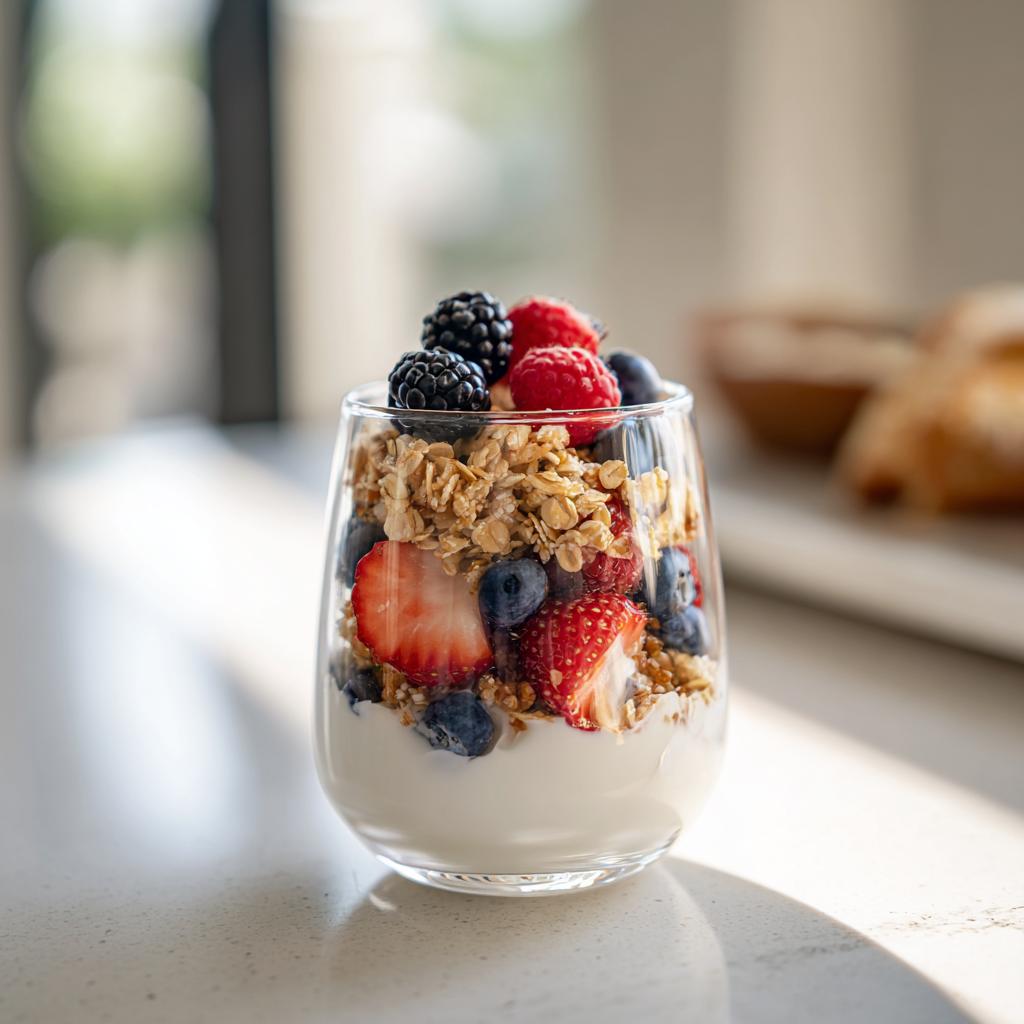 Glass of easy fruit desserts yogurt parfait with strawberries, blueberries, raspberries, blackberries, and granola.