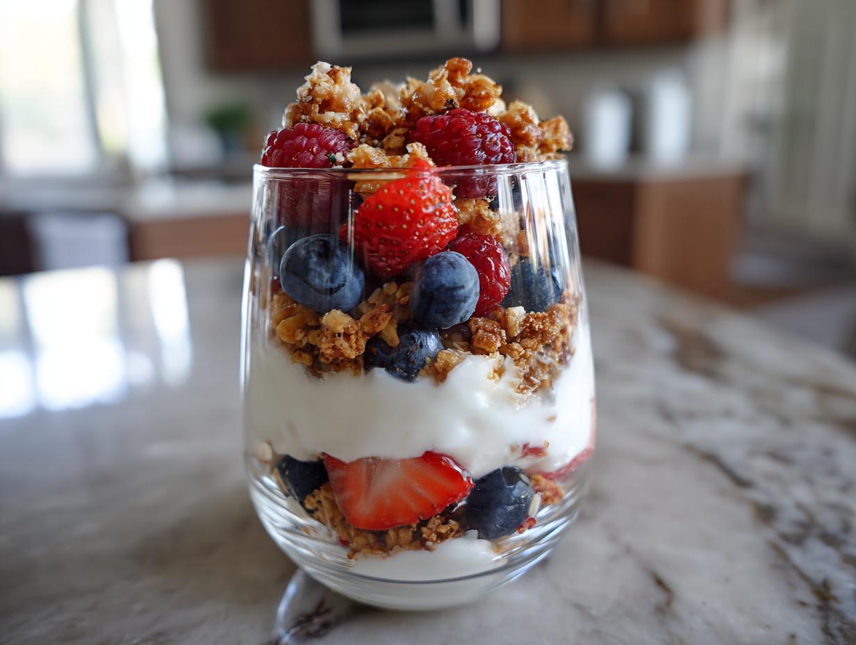 Glass of easy fruit desserts yogurt parfait layered with strawberries, blueberries, raspberries, granola, and creamy yogurt.