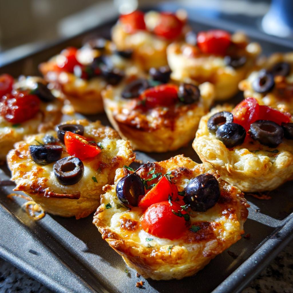 Close-up of easy party snacks mini tartlets topped with black olives and cherry tomatoes.