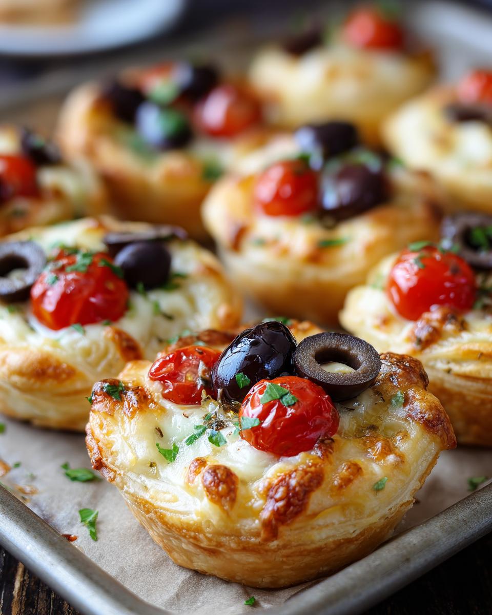Mini puff pastry bites topped with melted cheese, cherry tomatoes, black olives, and herbs on a baking tray
