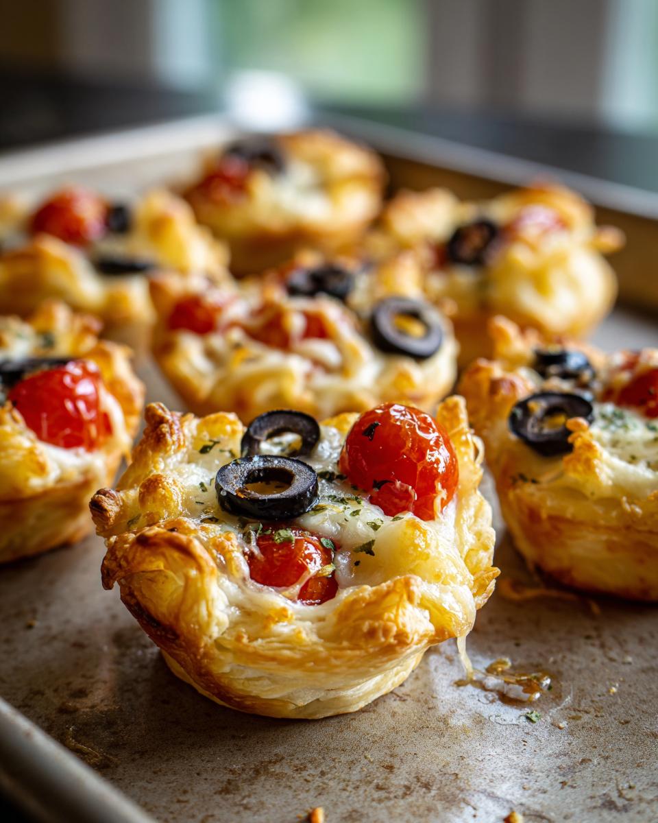 Close-up of easy party snacks: mini puff pastry cups filled with cheese, cherry tomatoes, and black olives.