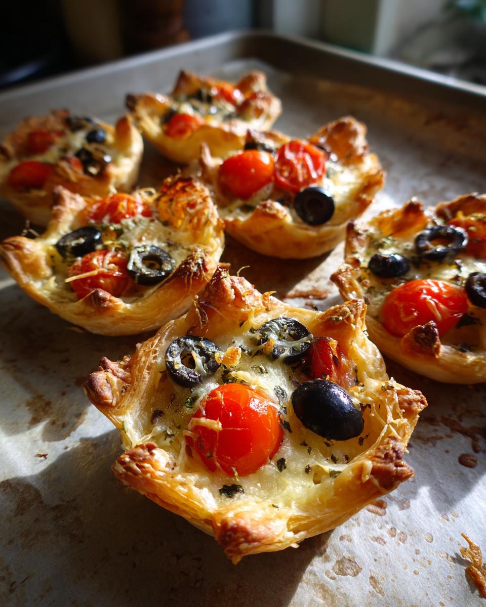 Mini puff pastry bites topped with cherry tomatoes, black olives, and melted cheese on a baking tray.
