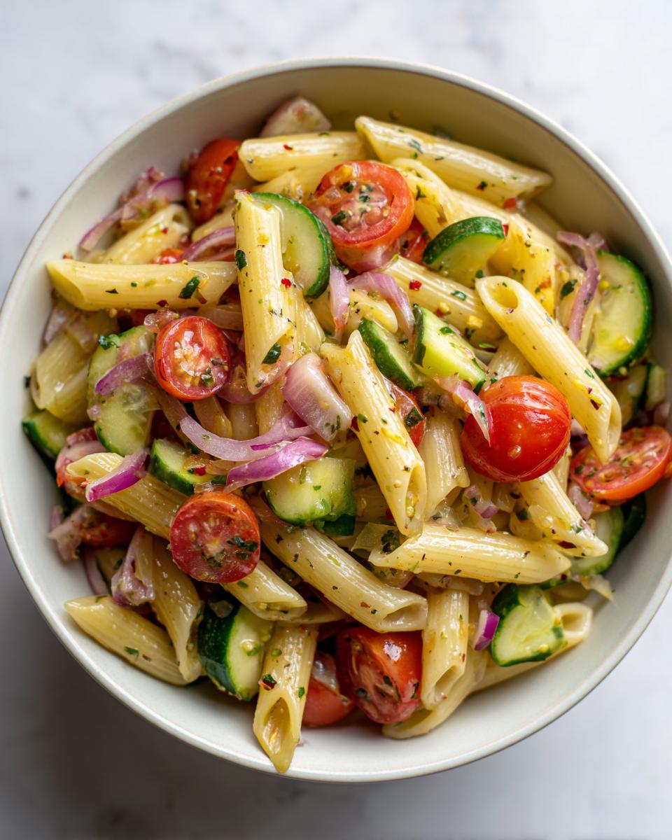 Bowl of easy pasta salads with penne, cherry tomatoes, cucumber slices, and red onion.