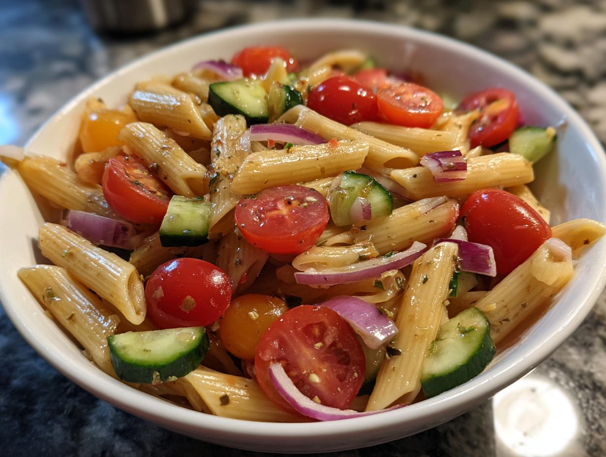 Bowl of easy pasta salads with penne, cherry tomatoes, cucumber, and red onion.
