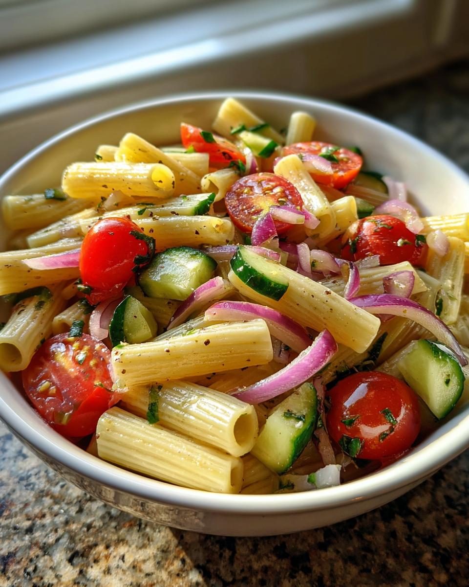 Bowl of easy pasta salads with rigatoni, cherry tomatoes, cucumber, and red onion.