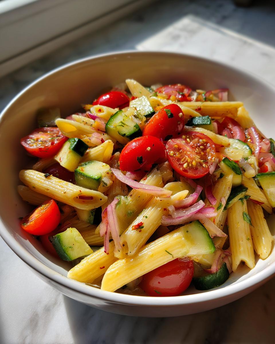 Bowl of easy pasta salads with penne, cherry tomatoes, cucumber, and red onion.