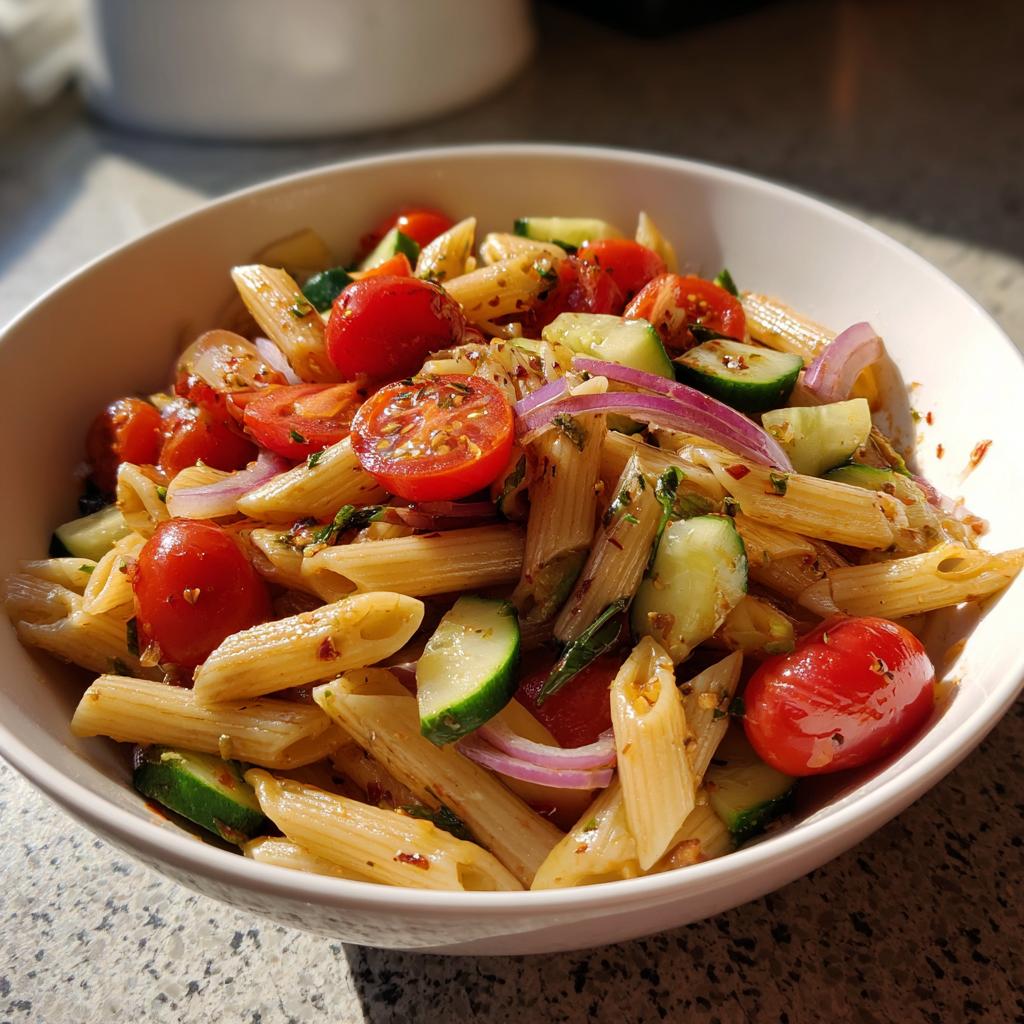 Bowl of easy pasta salads with penne, cherry tomatoes, cucumber, and red onion slices.