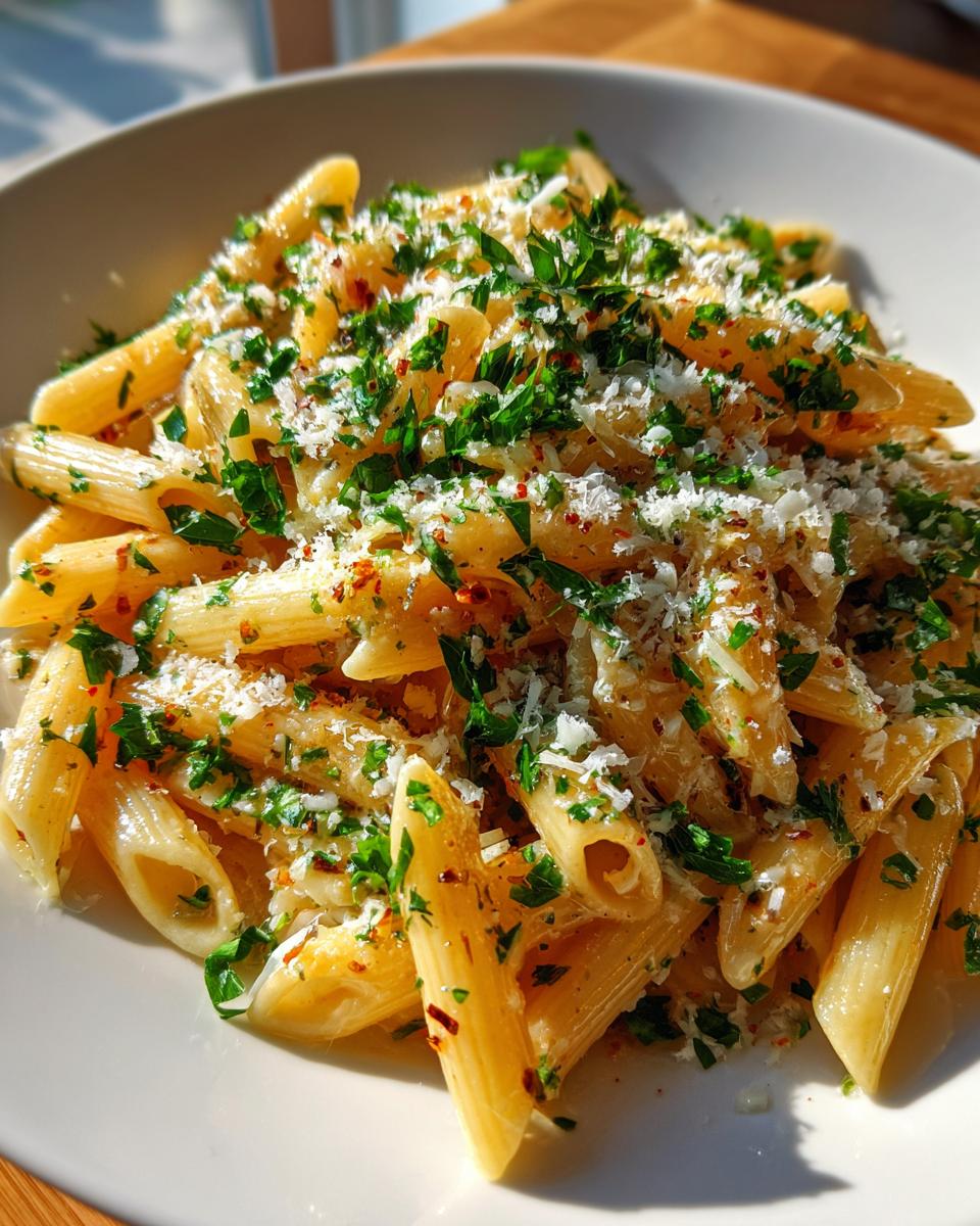 Plate of easy pasta side dishes with penne, fresh herbs, grated cheese, and red pepper flakes