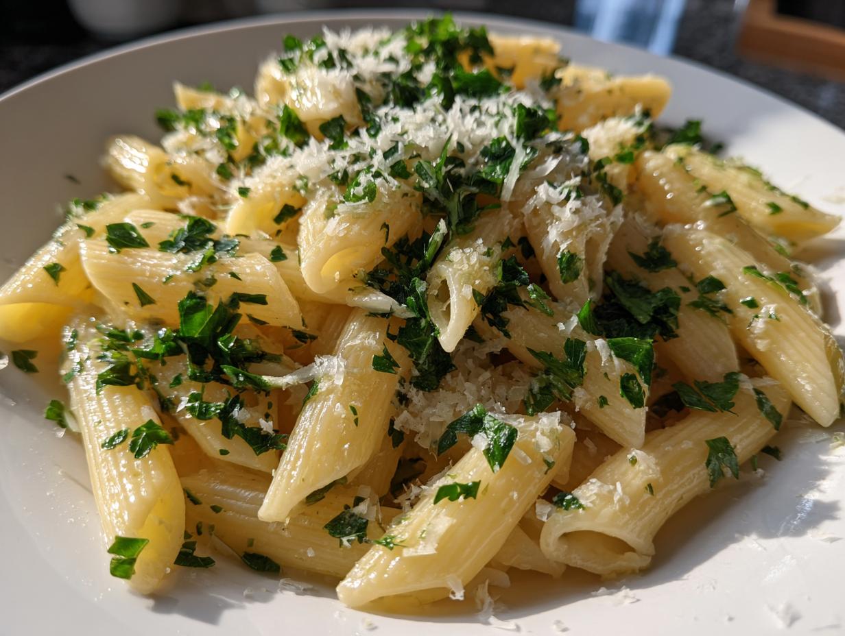 Plate of easy pasta side dishes with penne, chopped parsley, and grated Parmesan cheese.