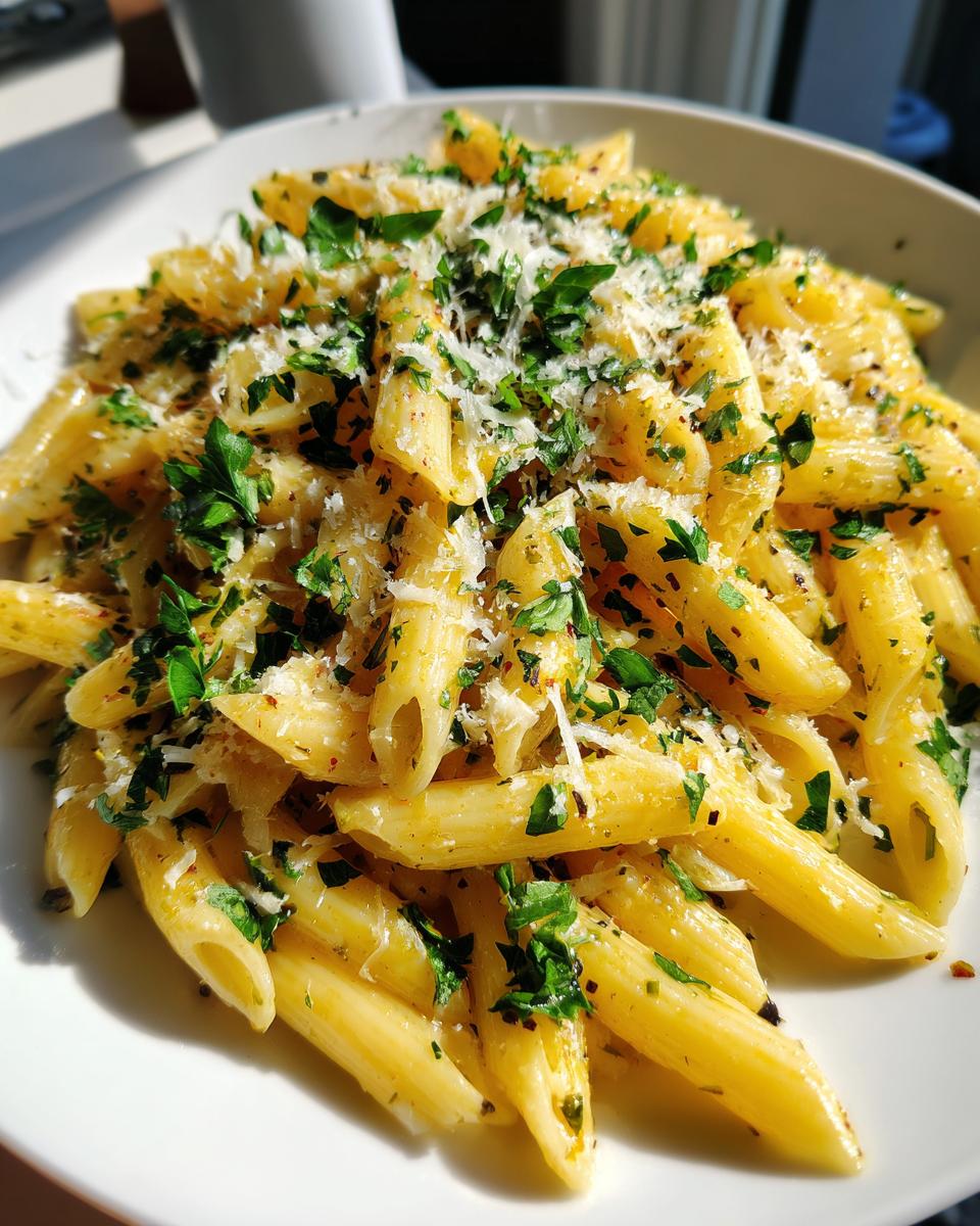 Plate of easy pasta side dishes with penne, herbs, and grated parmesan cheese