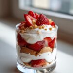 Glass filled with easy spring desserts strawberry parfait with whipped cream and crumbs