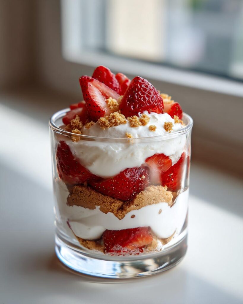 Glass filled with easy spring desserts strawberry parfait with whipped cream and crumbs