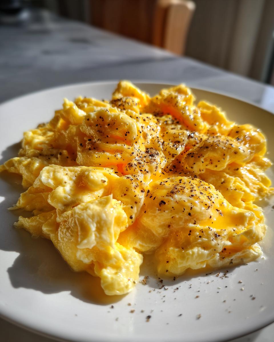 Close-up of fluffy scrambled eggs seasoned with black pepper on a white plate.