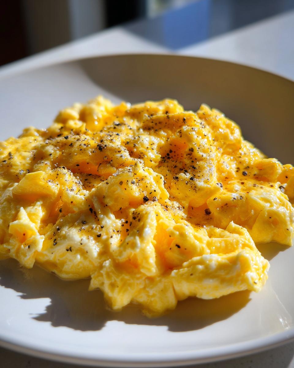 Close-up of fluffy scrambled eggs sprinkled with black pepper on a white plate