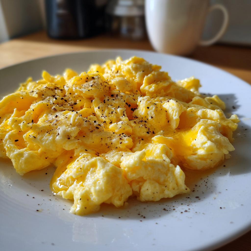 Close-up of fluffy scrambled eggs seasoned with black pepper on a white plate.