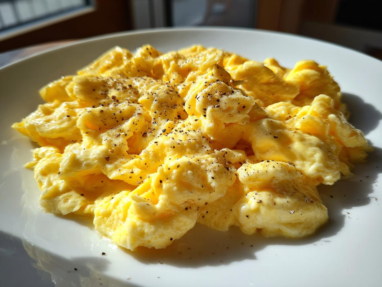 Close-up of fluffy scrambled eggs sprinkled with black pepper on a white plate, perfect egg breakfast recipes.