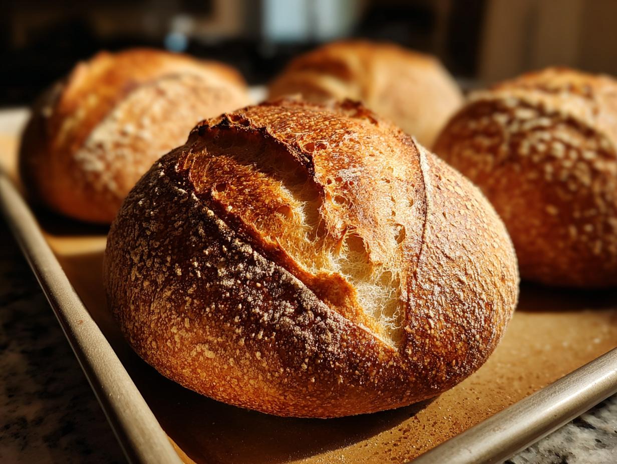 Close-up of golden crusty artisan bread loaves on a baking tray, showcasing texture and crust.