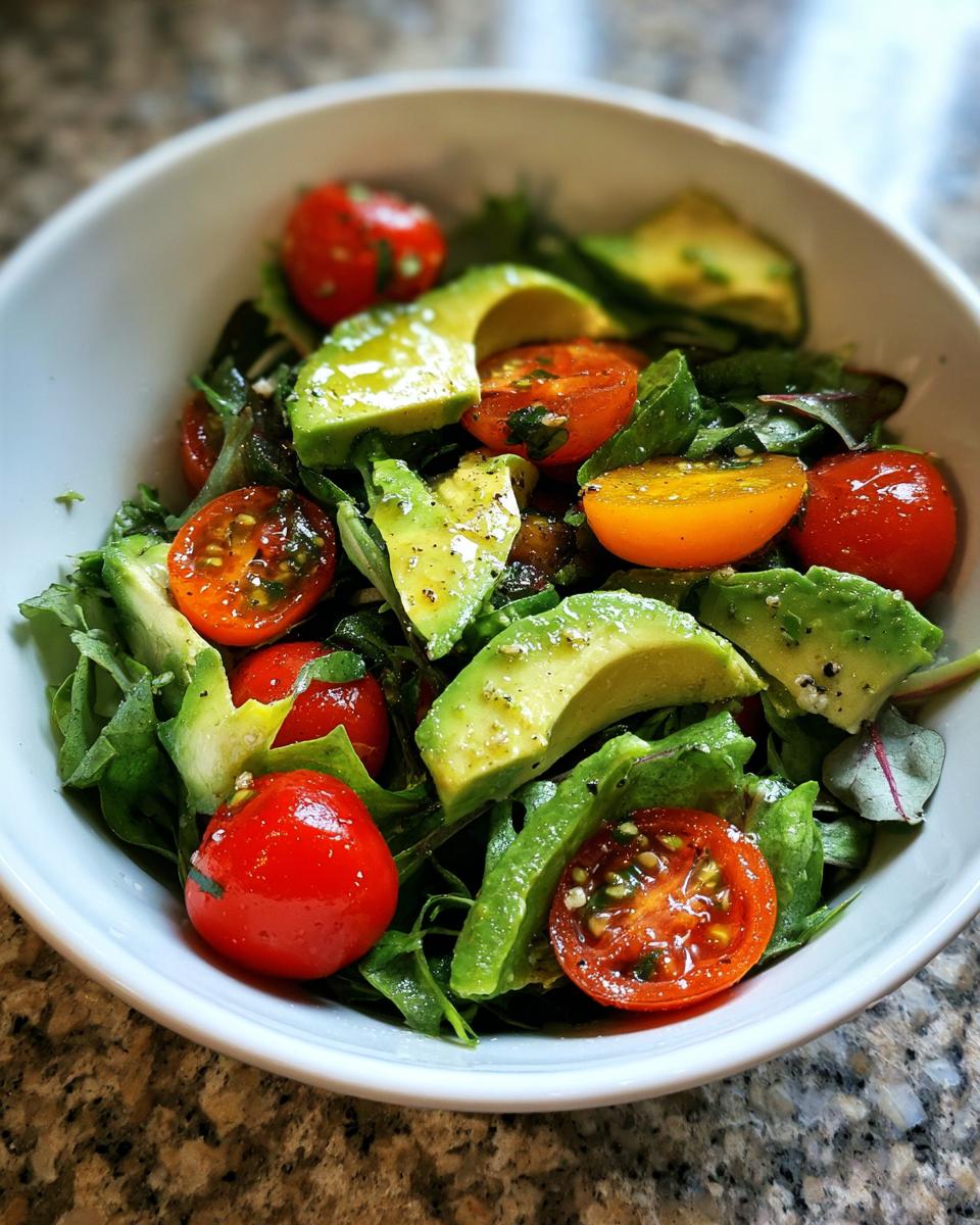 Bowl of fresh salad with avocado slices, cherry tomatoes, and leafy greens, a healthy lunch recipes option