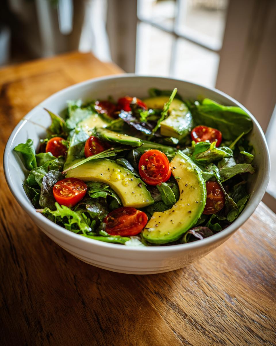 Bowl of fresh salad with avocado slices, cherry tomatoes, and mixed greens for April seasonal recipes.