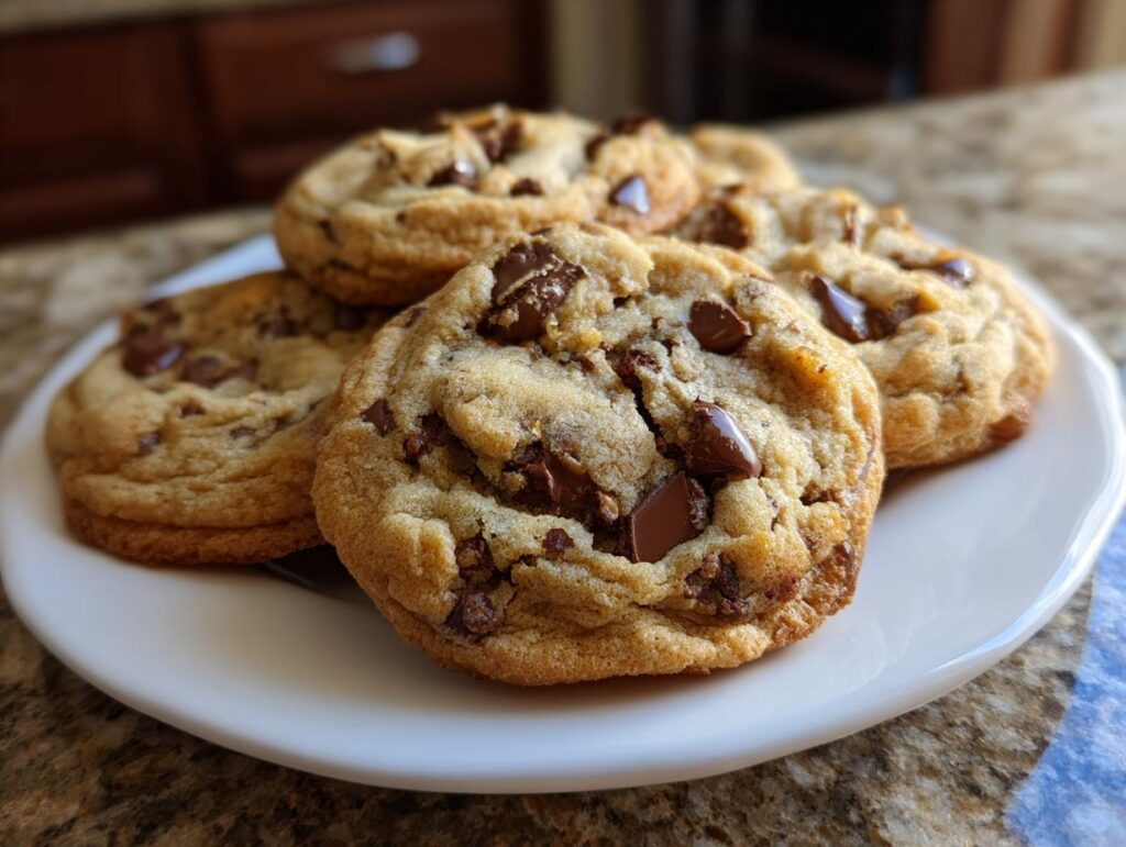 Plate of freshly baked chocolate chip cookies with melted chocolate chunks