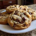 Plate of freshly baked chocolate chip cookies with melted chocolate chunks
