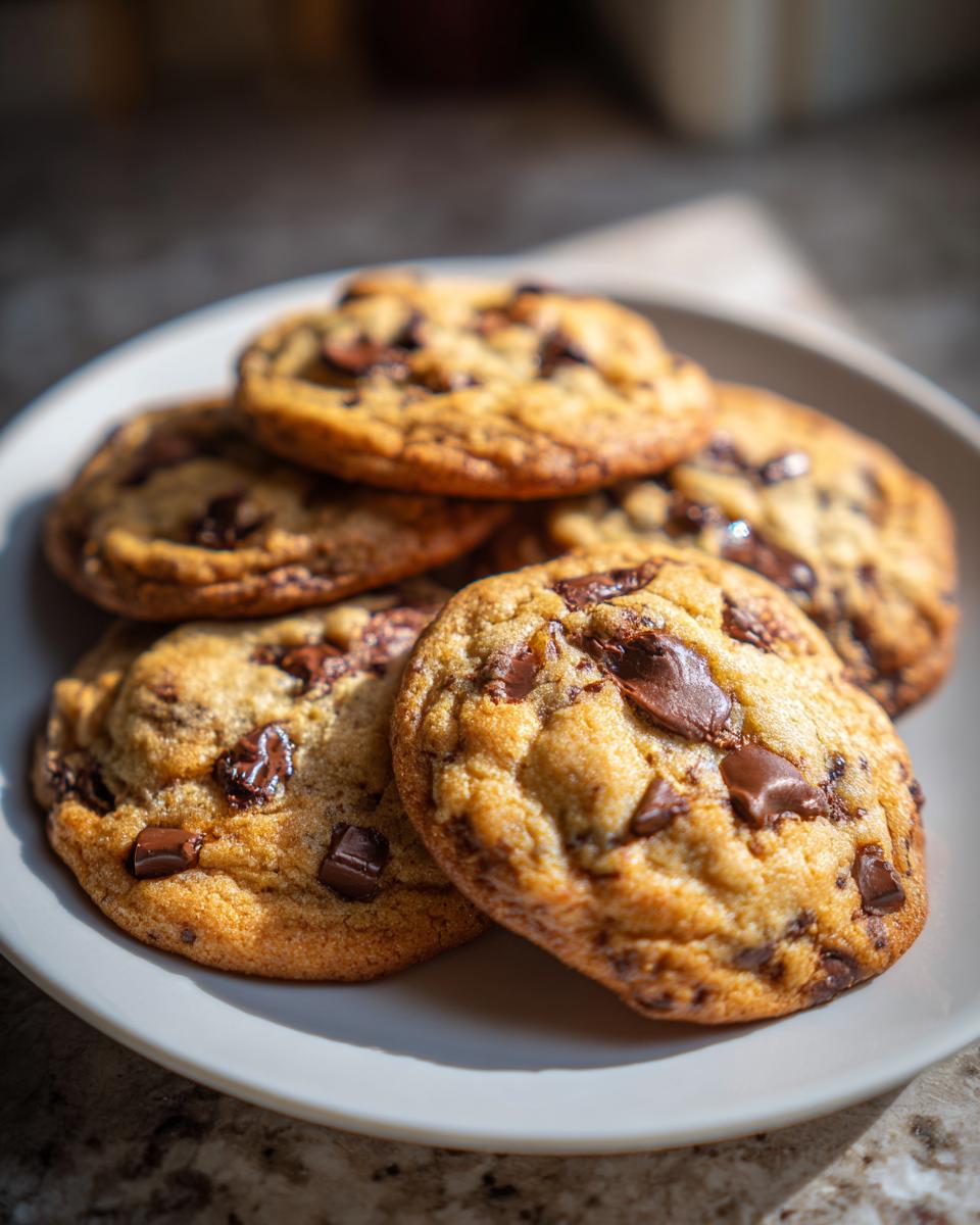 Plate with freshly baked chocolate chip cookies recipe with gooey chocolate chunks