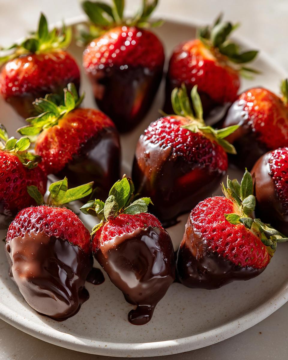 Close-up of fresh chocolate covered strawberries with green leaves on a white plate.