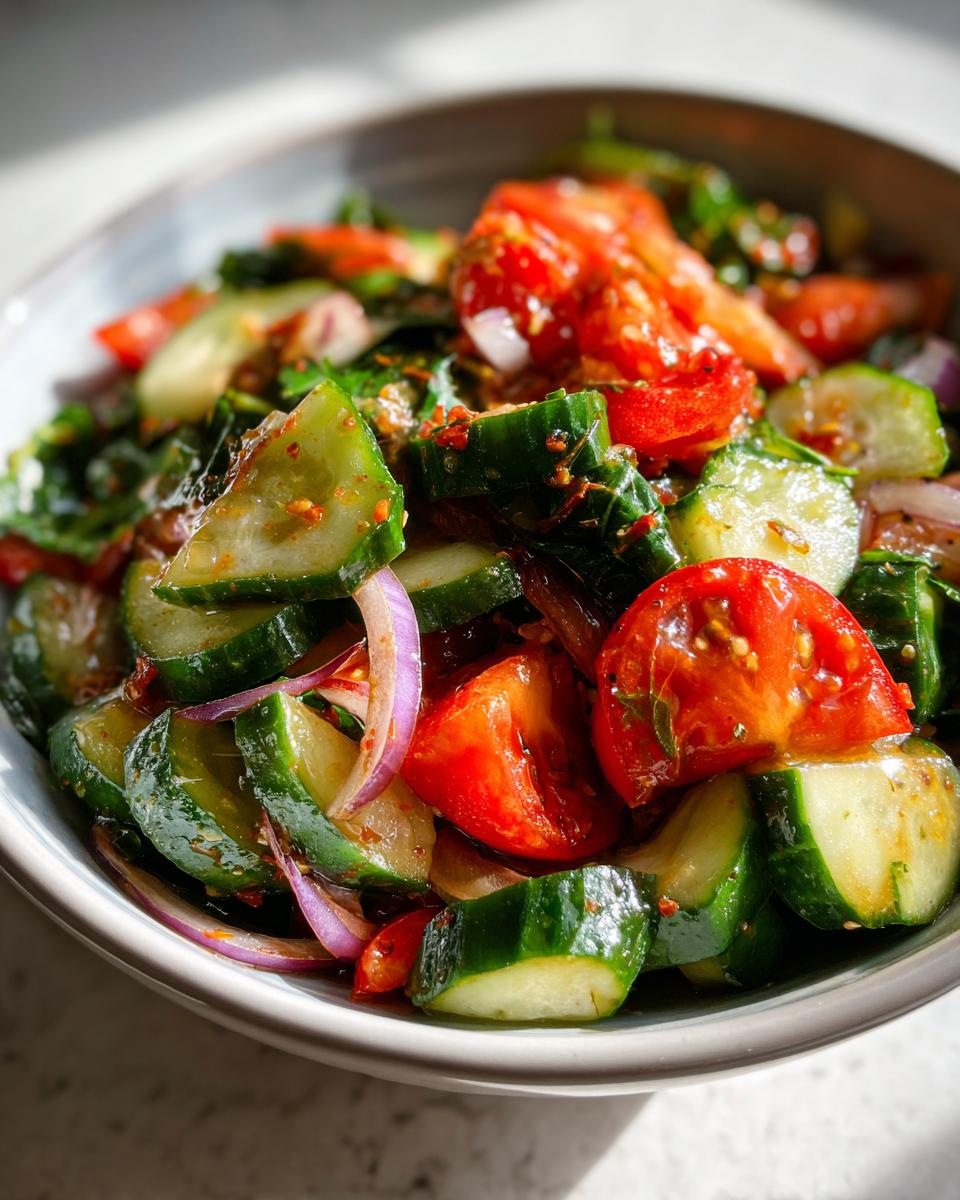 Bowl of fresh cucumber, tomato, and red onion salad with seasoning for easy salad recipes