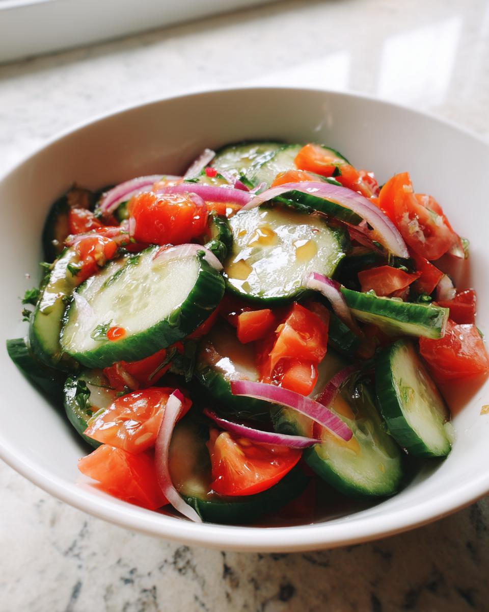 Bowl of fresh cucumber tomato salad with red onions and dressing, perfect easy salad recipes.