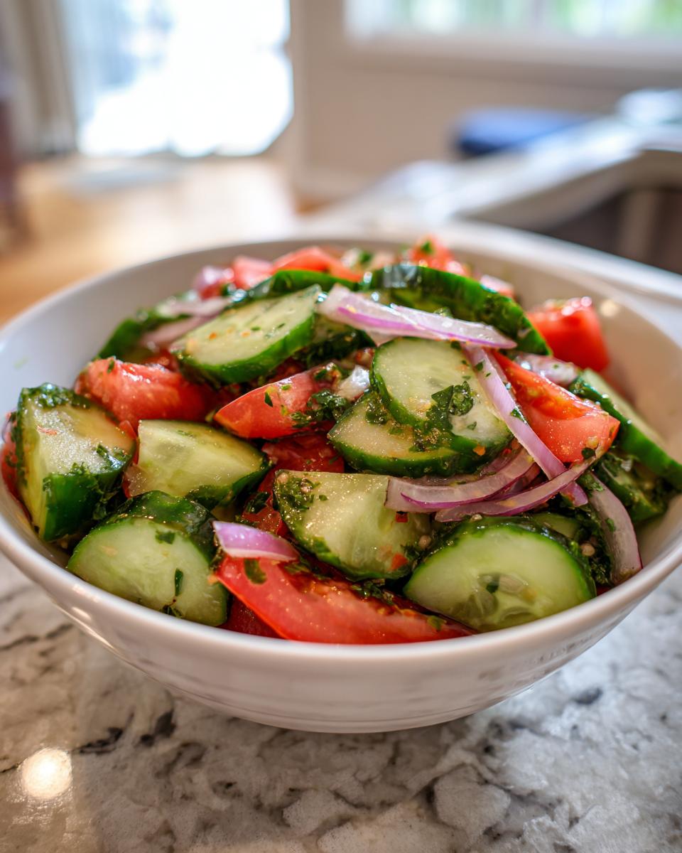 Bowl of fresh cucumber, tomato, and red onion salad with herbs, an easy salad recipes option
