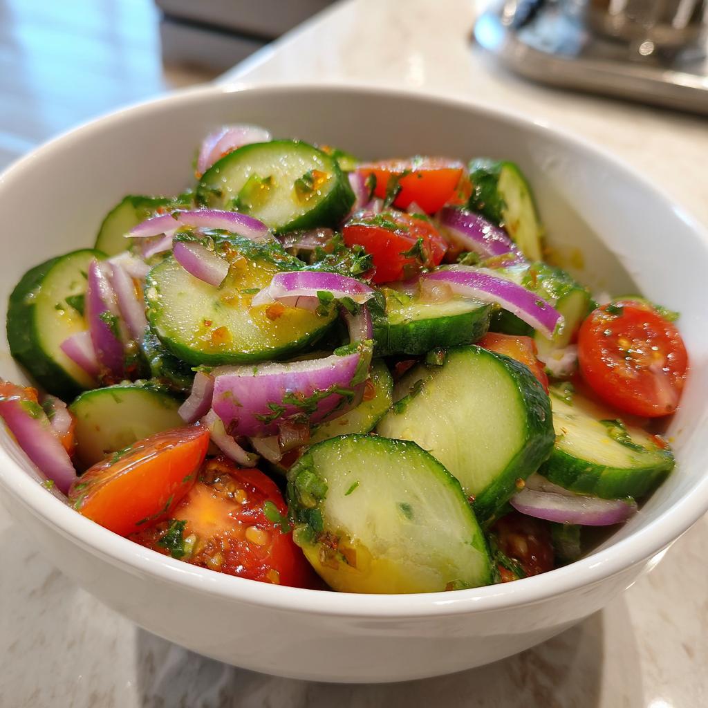 Bowl of fresh cucumber, cherry tomato, and red onion salad with herbs and dressing, easy salad recipes