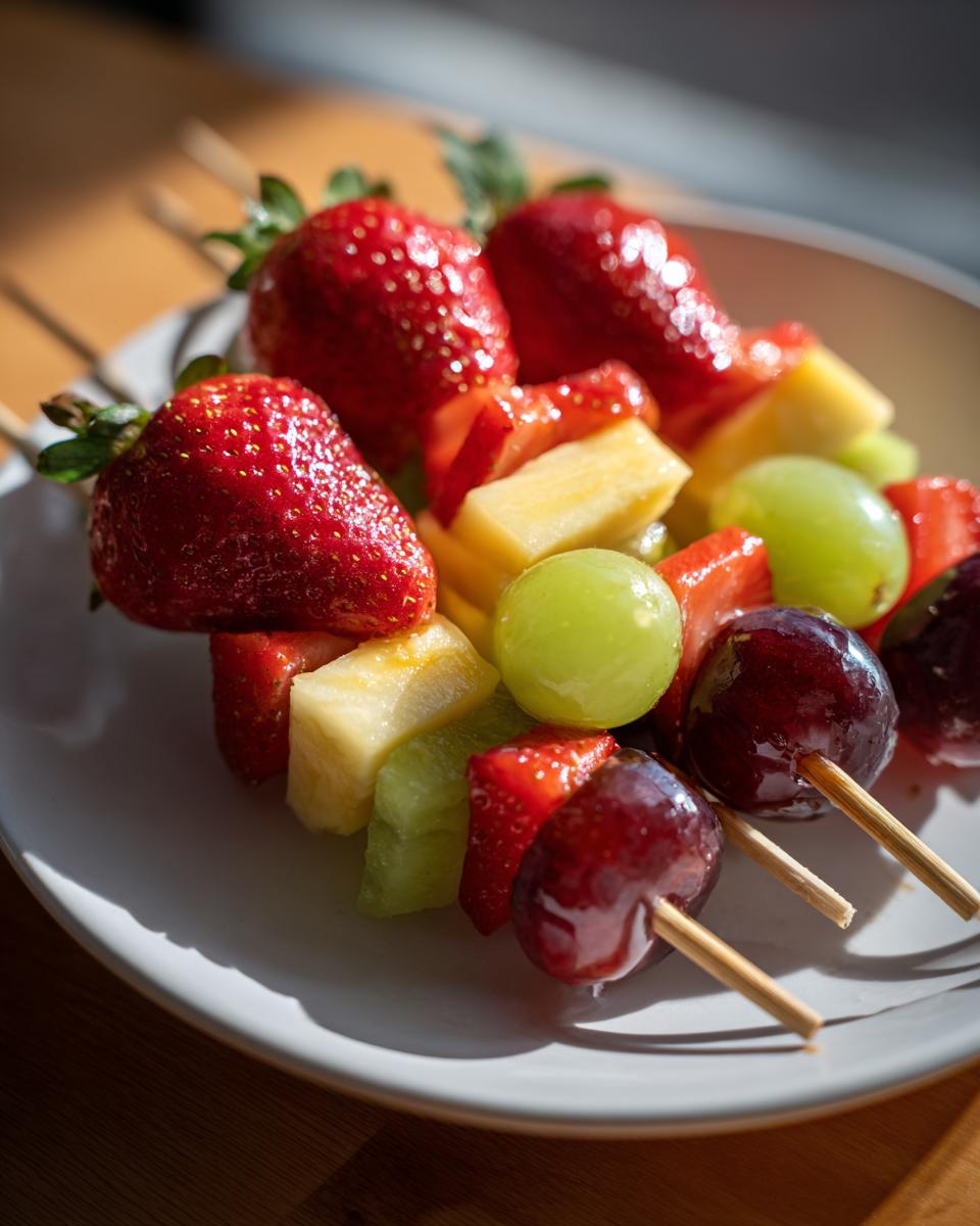 Fresh fruit skewers with strawberries, grapes, pineapple, and kiwi on a white plate