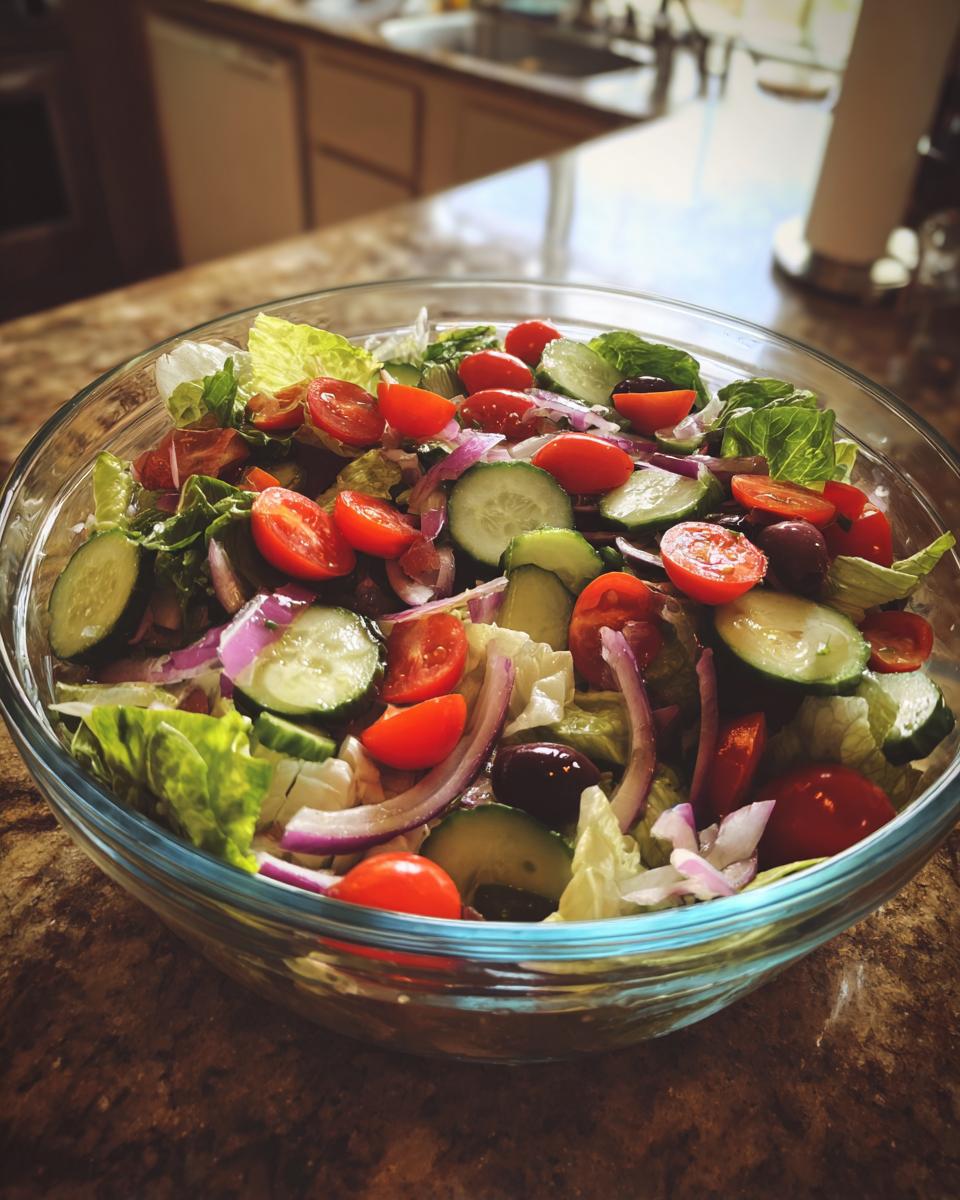 Glass bowl filled with fresh salad including lettuce, cherry tomatoes, cucumbers, red onions, and olives.