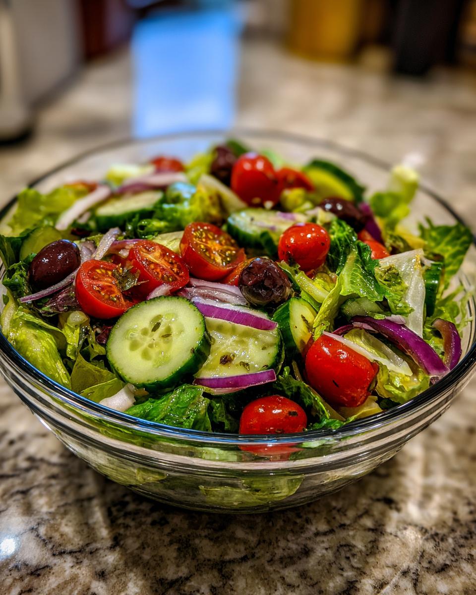 Bowl of fresh garden salad with cucumbers, cherry tomatoes, olives, red onions, and lettuce.