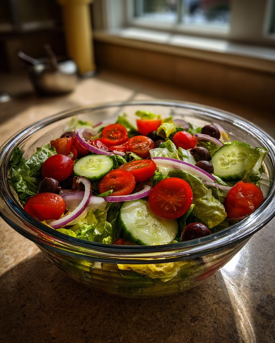 Glass bowl filled with fresh garden salad including lettuce, cherry tomatoes, cucumber, olives, and red onion slices.