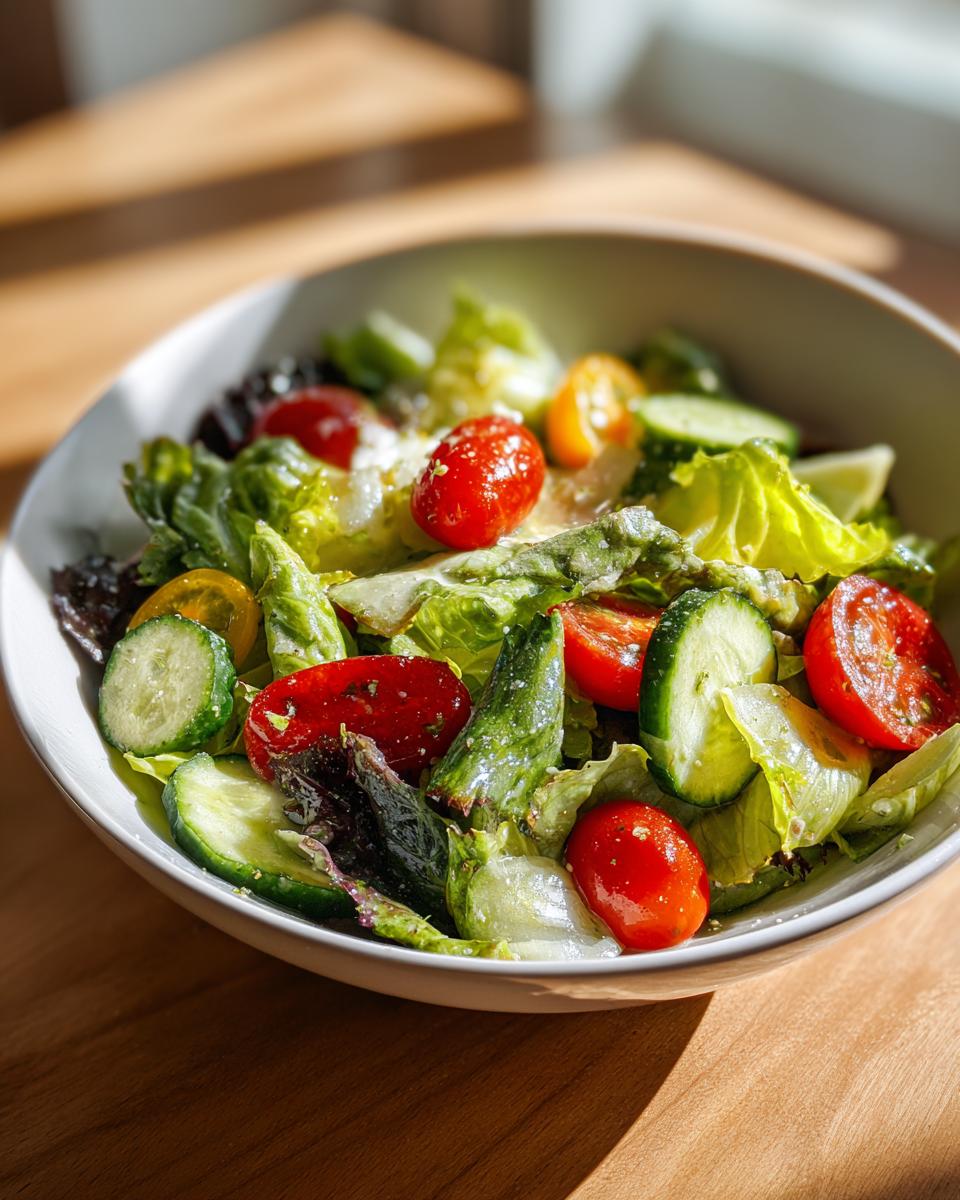 Bowl of fresh garden salad with lettuce, cherry tomatoes, and cucumber slices for spring family meals