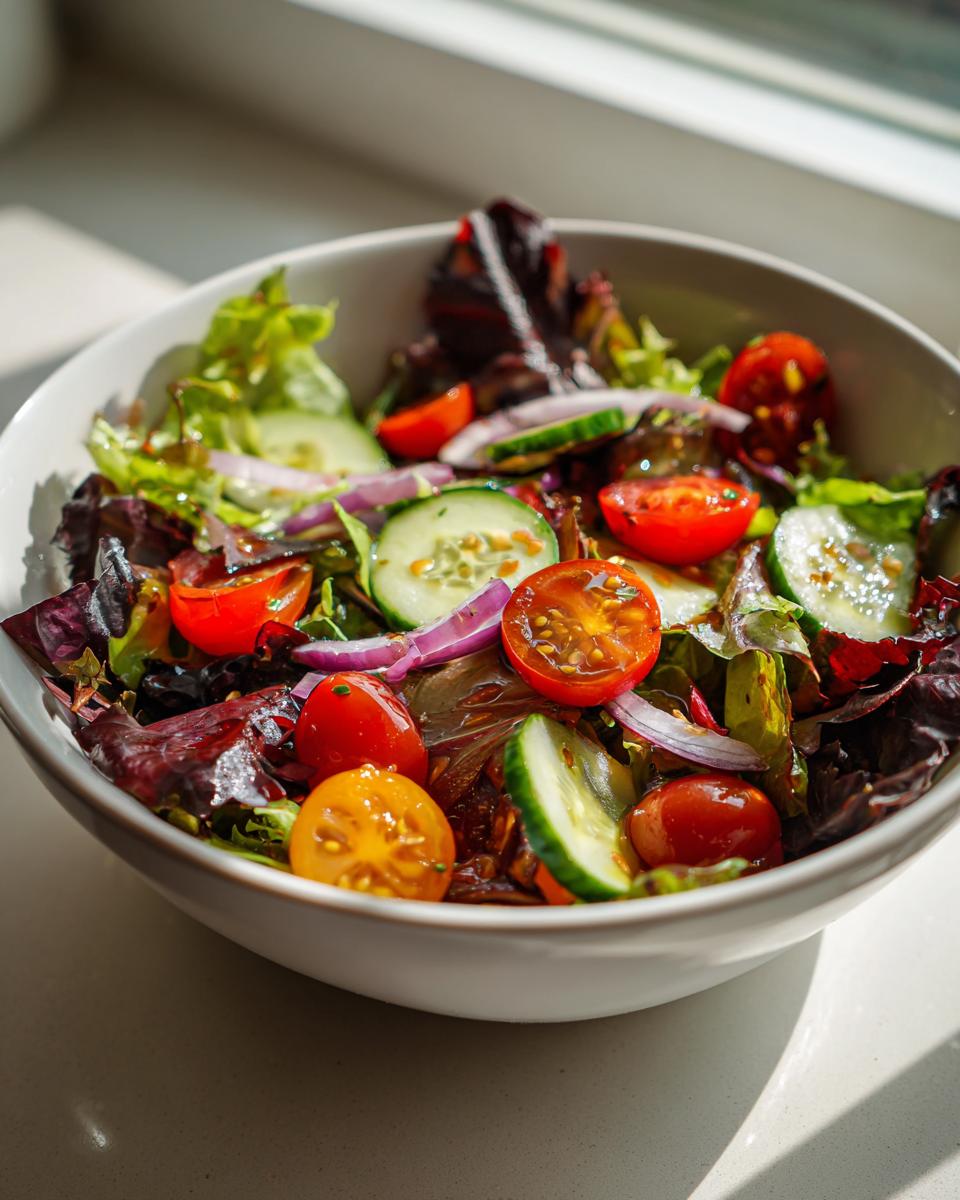 Bowl of fresh garden salad with cherry tomatoes, cucumber, red onion, and mixed greens for spring picnic side dishes.