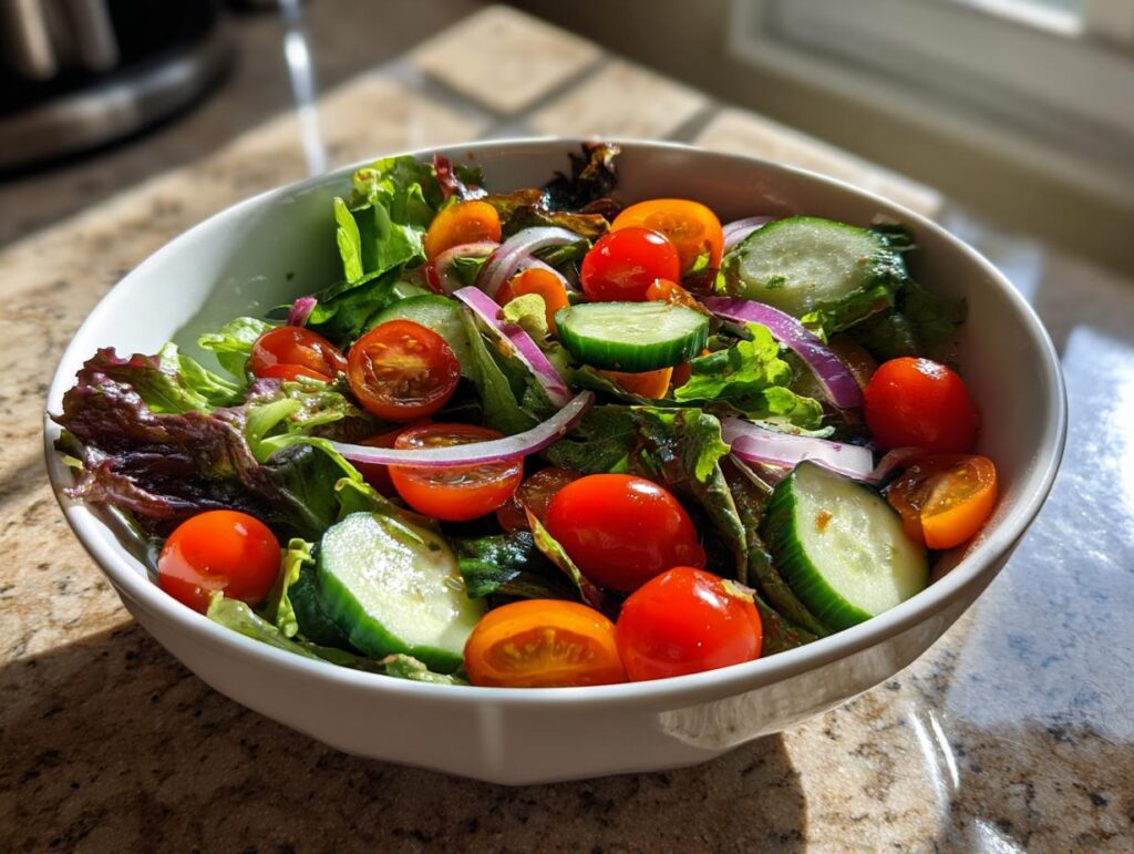 Bowl of fresh garden salad with cherry tomatoes, cucumber slices, red onion, and leafy greens.