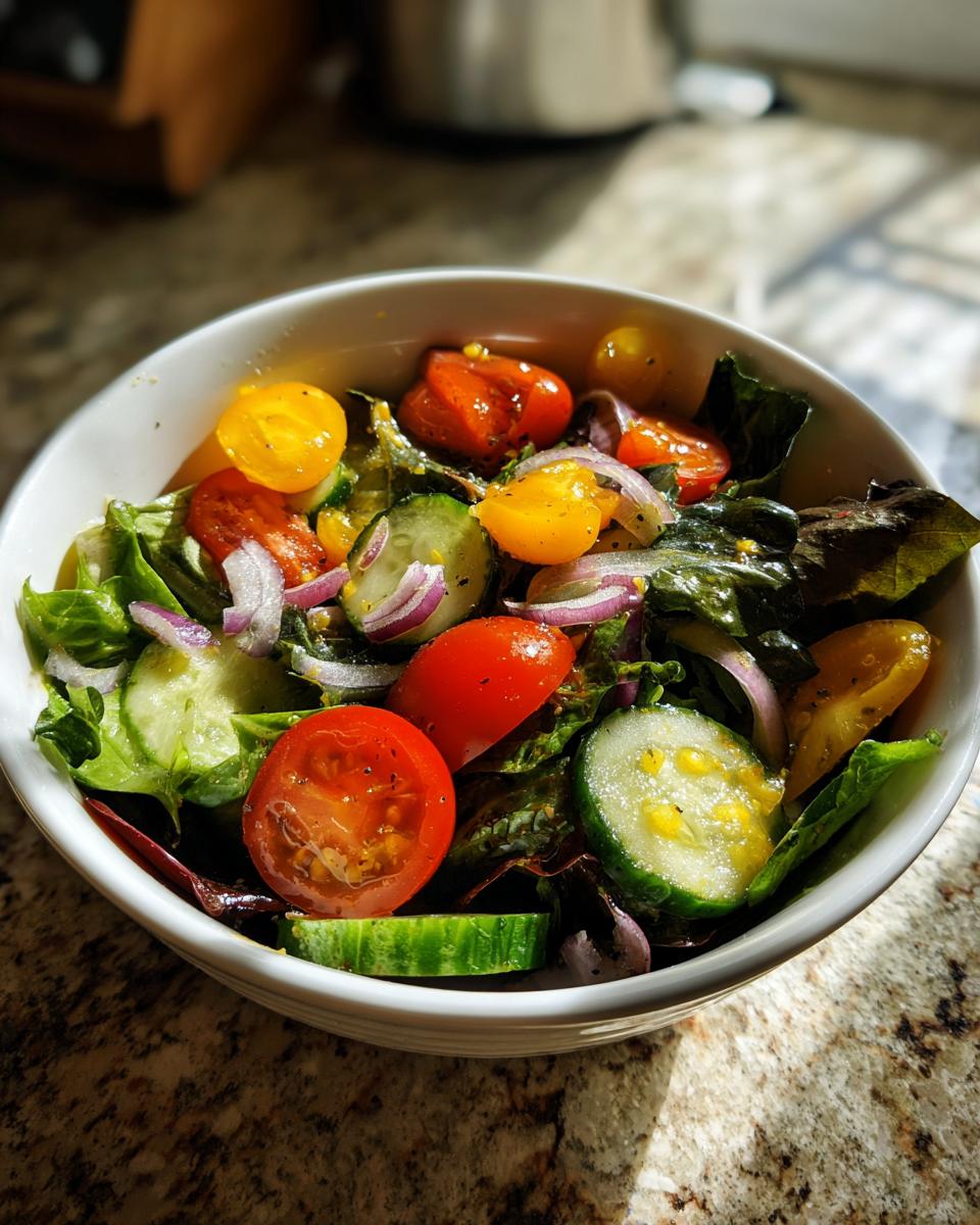 Bowl of fresh garden salad with tomatoes, cucumbers, red onions, and leafy greens for spring picnic side dishes