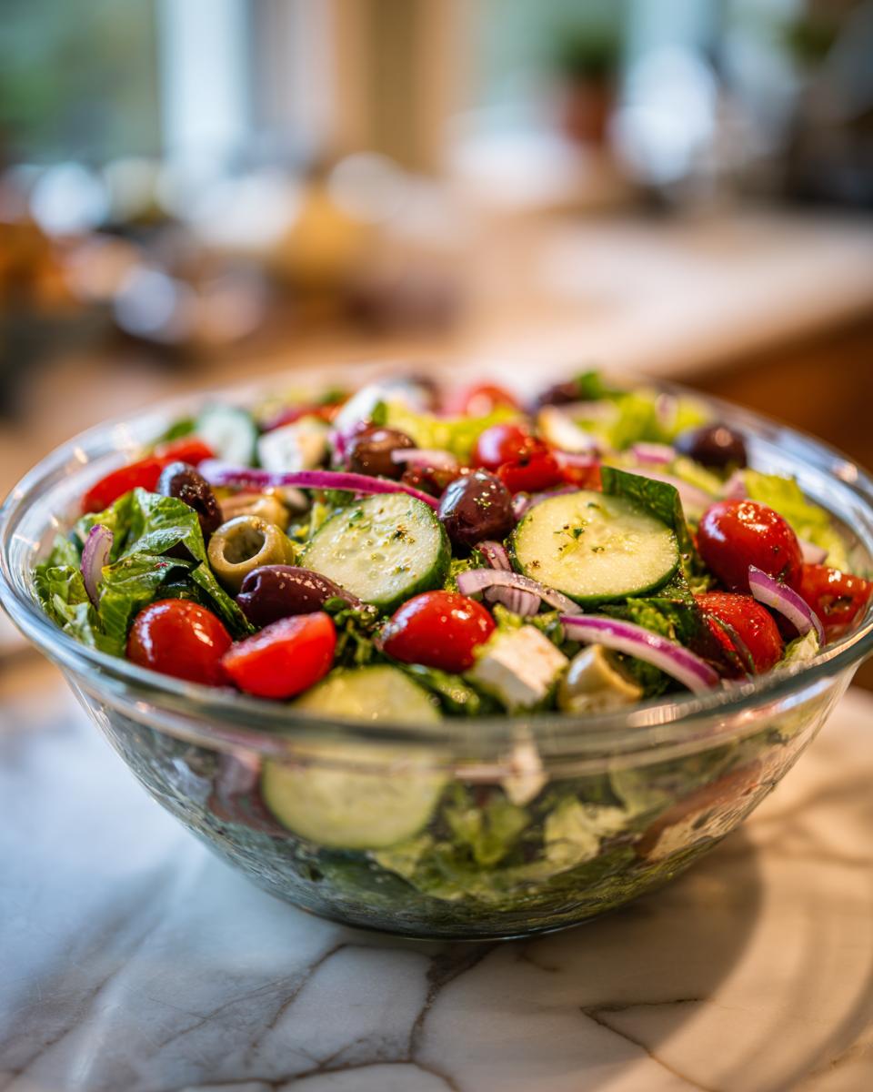 Bowl of fresh Greek salad with cucumbers, cherry tomatoes, olives, red onions, and lettuce as cold side dishes for parties